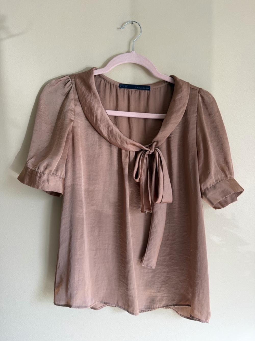 Zara Dusty Rose Tie-Neck Short Sleeve Blouse